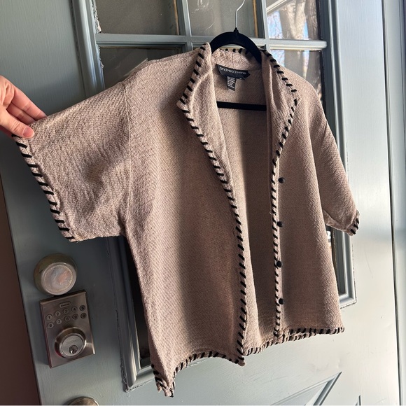 Vintage Retro Boho Knit Stitch Hem Linen Woven Short Sleeved Casual Button Up M - Picture 4 of 7